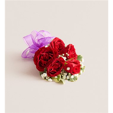 Red Spray Corsage-Purple Bow